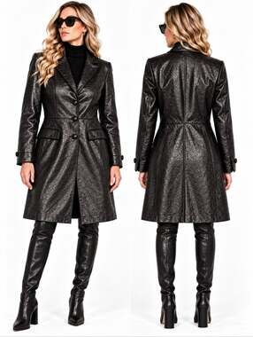 Vintage Escada Margaretha Ley Leather Coat Black Embossed Size 38 Medium EUC